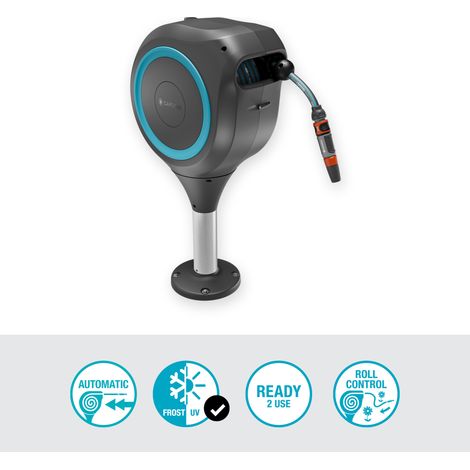 GARDENA Avvolgitubo da terrazzo RollUp S, tubo da 15 m incluso, riavvolgimento automatico, rotazione 360°, azzurro (18605-20)