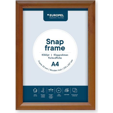 Cadre porte-affiche clipsable A4, profil 25x11 mm, couleur aspect bois, aluminium anodisé et protecteur anti-reflet, dimensions 241x328 mm, dos polystyrène gris (1/5)