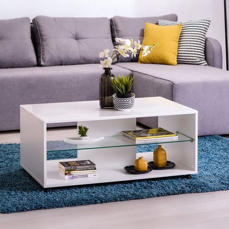 Mesa de Centro Giussano, 2 Compartimentos, con Ruedas, Forma Rectangular, 101x60x45 cm, Blanco (1/5)