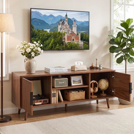DESMIU Meuble TV avec 2 portes, 1 niche ouverte et passe-câbles, style Mid-Century, pour salon, en MDF, noyer (1/3)