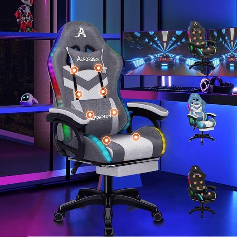 Gaming Stuhl LED 8-Punkt-Massage RGB Beleuchtung Lordosenstütze Kopfstütze Grau (1/5)