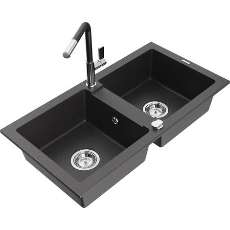 Mexen Mario 2-Becken-Granitspüle mit Mischbatterie Flora, Schwarz gesprenkelt - 6504-76-670401-07