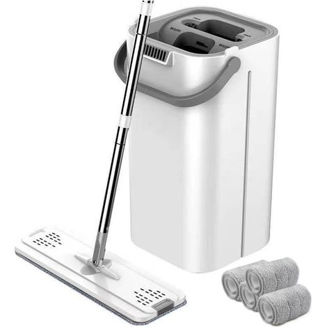 Balai et seau avec essoreuse, système de nettoyage mains libres pour sols plats, 3 lingettes en microfibre lavables incluses, utilisation sur sols secs et humides, idéal pour tous types de sols et fen (1/5)