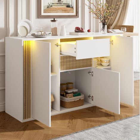 Aparador 3 puertas y 1 cajón con LED regulable, 140 x 40 x 82 cm, blanco y madera natural HAVRYA (1/5)