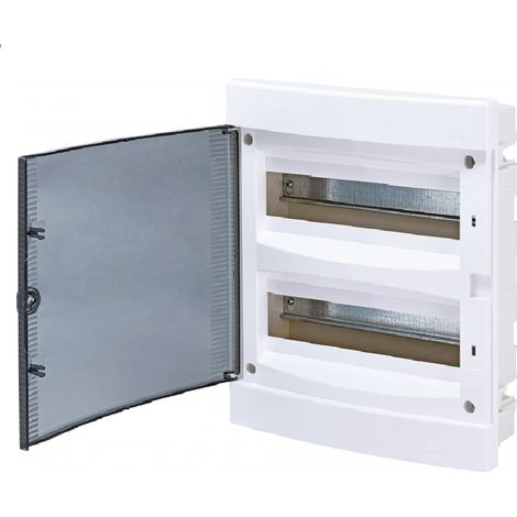 Coffret électrique encastré 18 modules sur 2 rangées ( 2 x18 M ) avec porte pleine translucide borniers de terre