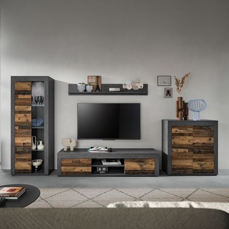 Ensemble salon de 4 meubles gris décor en bois brun - JAMO (1/5)
