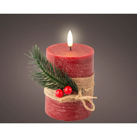 Vela de cera LED superficie rústica con ramillete Ø7,5x13cm LUMINEO – Rojo (1/2)