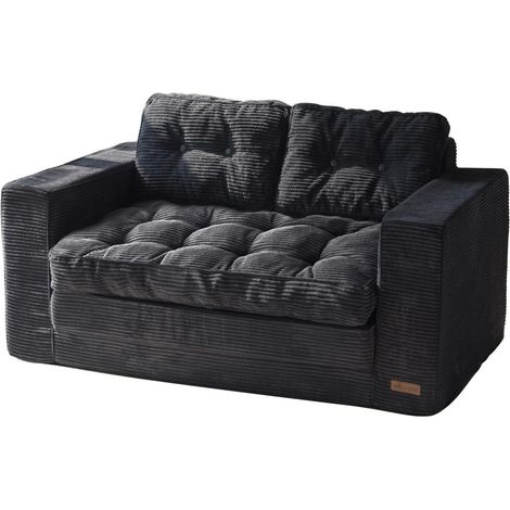 Canapé lit 2 places convertible 140cm velours côtelé noir avec coussins (1/5)