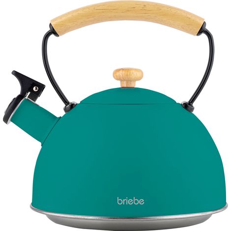 Briebe Nordic Tetera con Silbato, Hervidor de Agua 2,3L, Inducción, Acero Inox, Vintage, Mango Madera  Verde