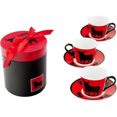 Set café 6 Tasses avec Assiette en Taureau Rouge et Noir Tasse 8x6x5 cm