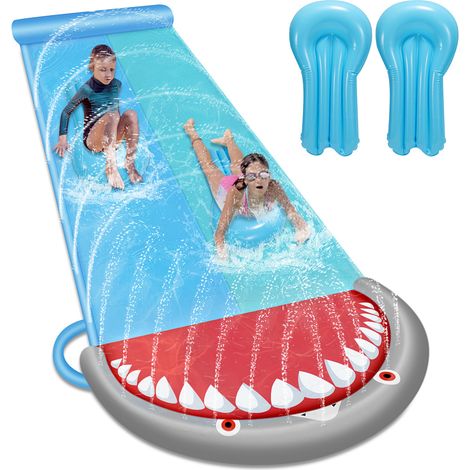 Randaco Doppel-Wasserrutsche 550x145cm mit 2 Bodyboards, Sprinkler & Aufblasbarem Aufprallschutz, Faltbar für Garten & Rasen (1/5)