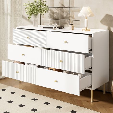 meuble rangement 6 tiroirs salon blanc MDF 120x40x78 OKMYHOME (1/5)