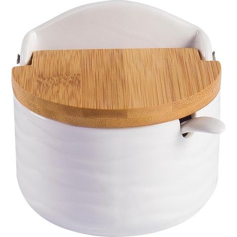 Bol de cerámica para azúcar y sal con tapa y cuchara de bambú, salero de 280 ml (1/5)