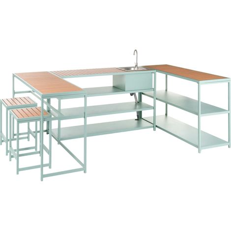 6 Piece Outdoor Kitchen Set Light Green Steel Polywood Tops 2 Seater Bar Table with Stools and Cabinet Sink Single Lever Outdoor Kitchen Cooking Station AVETRANA (1/5)