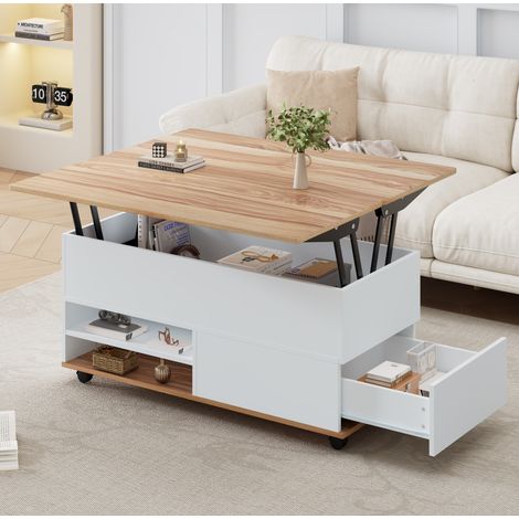 Tavolino sollevabile 100 x 98 x 65 cm con contenitore, ruote, bianco e legno naturale DESVIAE (1/5)