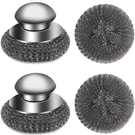 Ensemble de 4 brosses en laine d'acier avec tampons en éponge métallique de rechange, brosses en acier inoxydable avec manches, fer (2 brosses + 2 tampons) (1/5)