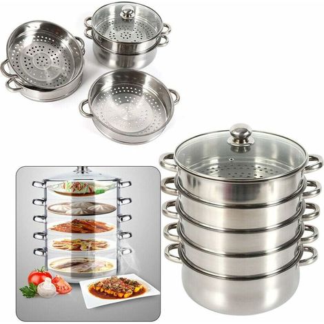 Cuit-vapeur à 5 étages, diamètre 30 cm, isolé en acier inoxydable 304, avec couvercle surélevé et poignée pratique, convient aux plaques de cuisson à gaz, à induction et électriques à halogène.