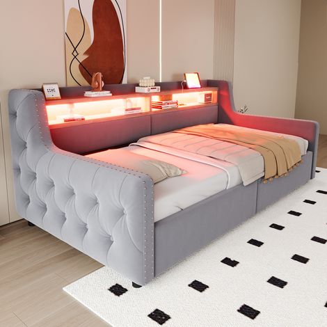 Canapé convertible matelassé 90x200cm, rangement coffre à ouverture assistée, accoudoirs et dossier rembourrés douillets, éclairage LED intégré, tiroir de stockage, port USB et prise secteur, base à l (1/5)