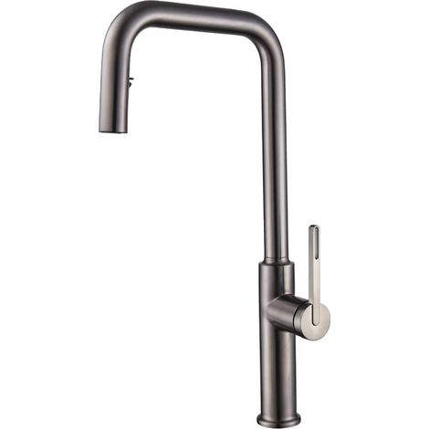 304 Stainless Steel Hot and Cold Concealed Pull-Out Faucet for Household Kitchen Sinks and Dishwashers - Gunmetal Gray with Large Lotus Design