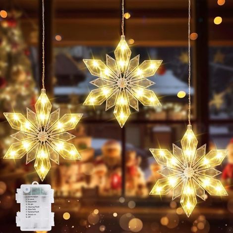 Blanc Chaud Guirlande lumineuse de Flocon de Neige, 3LEDs Rideau Lumineux Pile, 8 Modes & IP44 Décorations de Noël, Christmas Decorations pour Rideau (1/5)