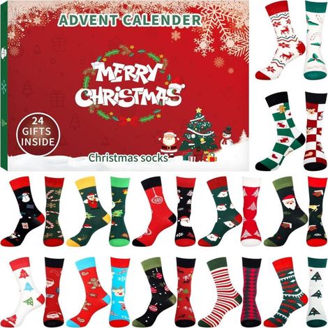 Décoration de Noël,Calendrier de l'Avent 2025 avec 24 paires de chaussettes de Noël, calendrier compte à rebours de 24 jours avec joli motif chaussettes pour chaussettes de Noël, idée cadeau