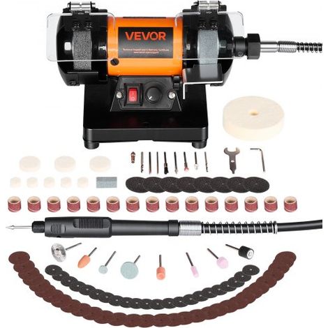 Esmeriladora Doble 200 W, Amoladora de Banco, 8300-10600 RPM Velocidades Ajustables, Protección contra Chispas, Kit de Accesorios de 100 Piezas, Multifuncional para Madera Piedra Metal Joyería (1/5)
