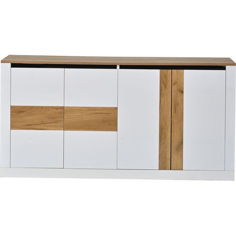 Aparador LED 140x35x70 cm MDF blanco brillo y roble con 4 puertas y baldas regulables (1/5)