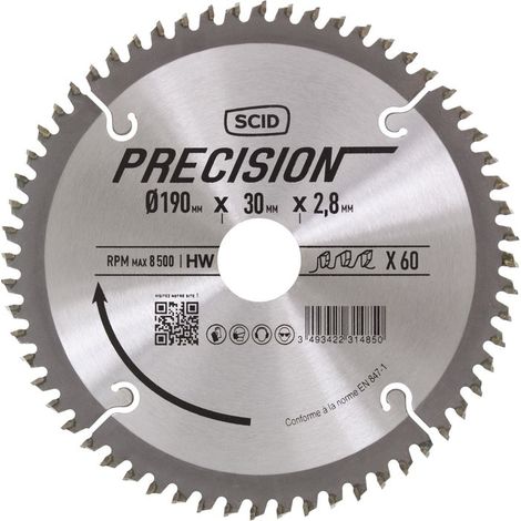 Lame de scie circulaire carbure 190mm – 60 dents – Alésage 30mm – Épaisseur 2,8mm – Pour coupe nette sans éclat – Scid