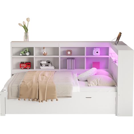 Canapé lit bois massif 140x200, tiroirs, USB et bandeau LED, étagères, grand rangement, lit double multifonction, blanc, matelas non inclus, gain de place (1/5)