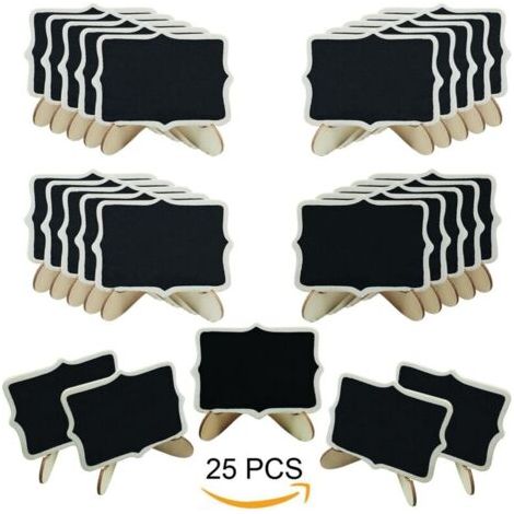 BUNTHAUS 25 PCS Mini Tableau Noir Bois Tableau avec Support Base, Mini Ardoise pour Panneaux à Message Board Mariage Dîner Party