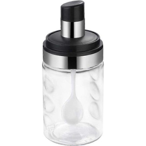 Pot à sauce en verre transparent avec couvercle, cuillère combinée, récipient pour conserver les épices, le sel et le sucre. (1/5)