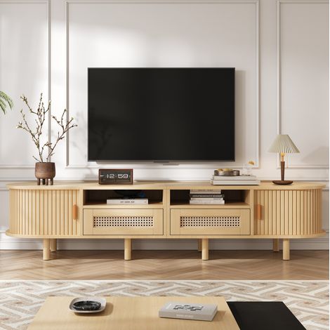 Mobile TV rovere chiaro con 2 cassetti in rattan, 2 vani aperti, 2 ante scorrevoli e 8 gambe in legno (1/5)