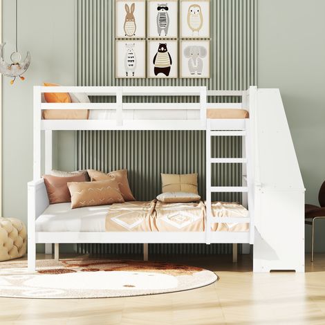 Lit superposé enfant 90 x 200 140 x 200 cm blanc avec bureau bibliothèque rangement 3 tiroirs garde corps haut échelle modulable pin MDF (1/5)