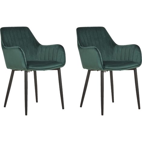 Juego de 2 sillas de comedor de terciopelo verde con reposabrazos patas de metal negro retro glam Wellston