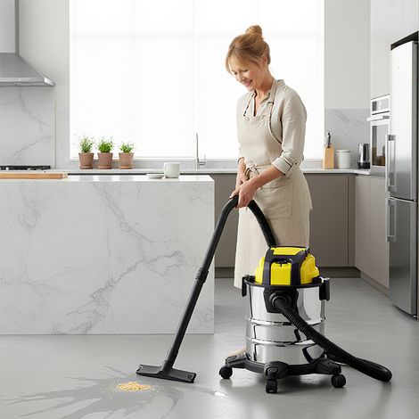 Aspirateur eau et poussière, sur roulettes, système de filtration à 3 niveaux, réservoir à poussière de 20 L