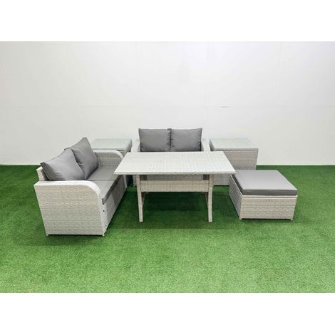 Fimous 5 Seater Outdoor Love Sofa Set Rattan Garden Furniture Set with Rectangular Dining Table Big Footstool 2 Side Tables Light Grey (1/4)