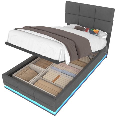 Lit moderne en velours capitonné 90x200 cm avec tête de lit réglable – Ports USB/Type-C, éclairage d'ambiance LED, système de relevage hydraulique et grand espace de rangement (matelas non inclus) – G (1/5)