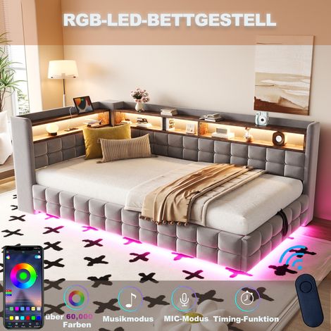 Canapé-lit matelas 90x200 cm avec coffre hydraulique, étagère en bois, bandeau LED, prises USB-C, sommier à lattes, tissu velours gris clair (1/5)