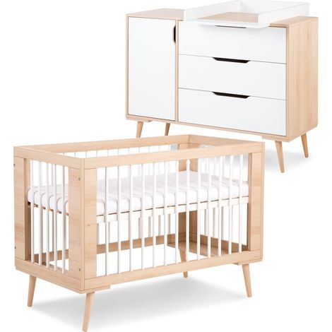 Monmobilierdesign – Ensemble commode à langer et lit bébé scandinave 120x60 – 3 tiroirs sur rails – Bois de pin et hêtre – Fabrication Union Européenne
