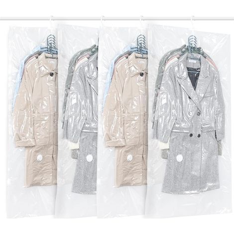 Lot de 4 sacs de Rangement sous Vide Suspendre pour vêtements,Transparents et réutilisables Housse sous vide pour vetement,pour costumes,costumes, robes, manteaux ou vestes (4 longs 145 x 70 cm) (1/5)