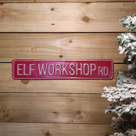 50cm Indoor Outdoor Red Metal Elf Workshop Rd Sign Hanging Christmas Decoration (1/5)