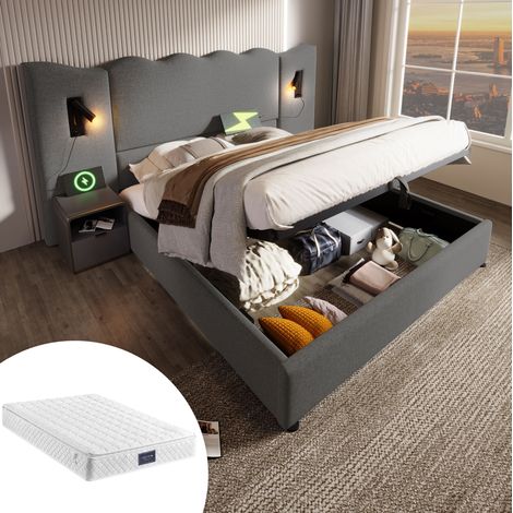 Cama doble con almacenaje luz y carga USB gris OKMYHOME (1/5)