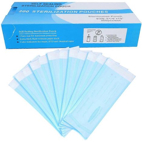 200 Stück selbstverschließende Beutel aus PVC, transparente Folie, blau, für die Sterilisation von Dentalbedarf (135 x 310 mm)