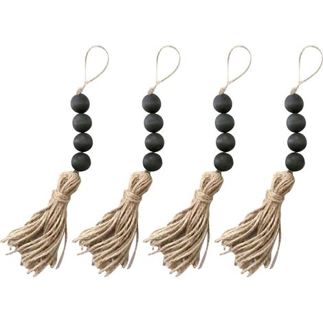 4 Pièces à Suspendre Murale en Perles de Bois Foncé avec Pompons, Décoration Rustique Créative pour Poignées de Porte, Ornements Suspendus pour Maison et Bureau (1/5)