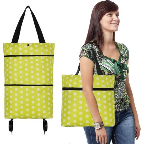 Chariot à Provisions, Caddie de Courses Portable, Courses Pliable en Tissu Oxford, Sac de Courses Réutilisable, Sac à Provisions avec roulettes, Vert Et Respectueux(Point de Vague Vert) (1/5)