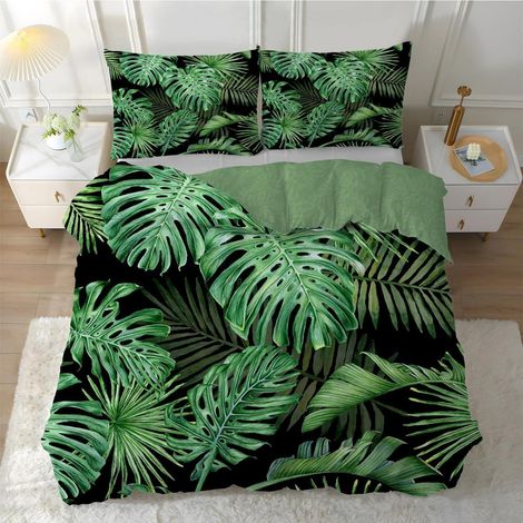 Literie 135x200 cm avec feuilles de palmier, 2 taies d'oreiller 80x80 cm, microfibre