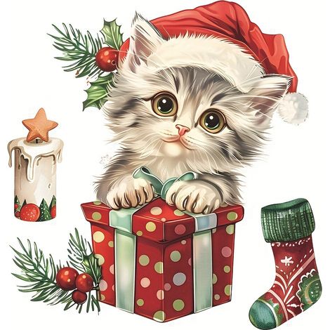 Autocollant adhésif et amovible pour abattant de WC – Chat avec bonnet de Noël (1/5)