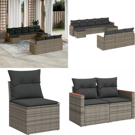 10-tlg. Garten-Sofagarnitur mit Kissen Grau Poly Rattan - Gartensortiment - Lounge Set - Gartenmöbel - Rattanmöbel - Outdoormöbel - Home & Living (1/5)