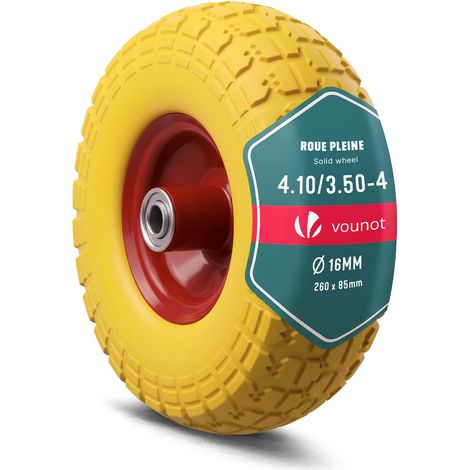 Roue Increvable 3.5-4 en PU Roue de Brouette 260x85mm Alésage de 16 mm avec Roulements à Billes pour Diable Chariot et Remorque de Jardin Jaune (1/5)