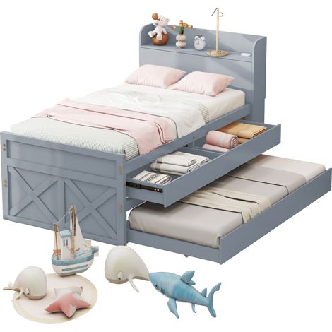 Ausziehbett 90 x 190 cm aus Massivholz, Einzelbett mit Schubladen, Nachttisch, USB-Anschluss, Ohne Matratze, Grau (1/5)